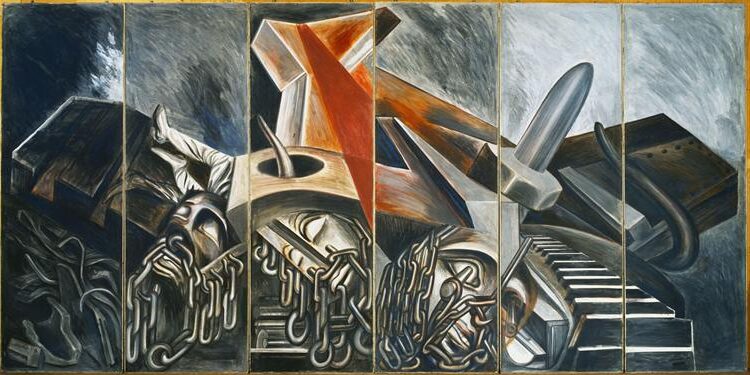 Dive Bomber and Tank (1940) by José Clemente Orozco paintings reflects the brutality of war through bold forms and dramatic imagery.