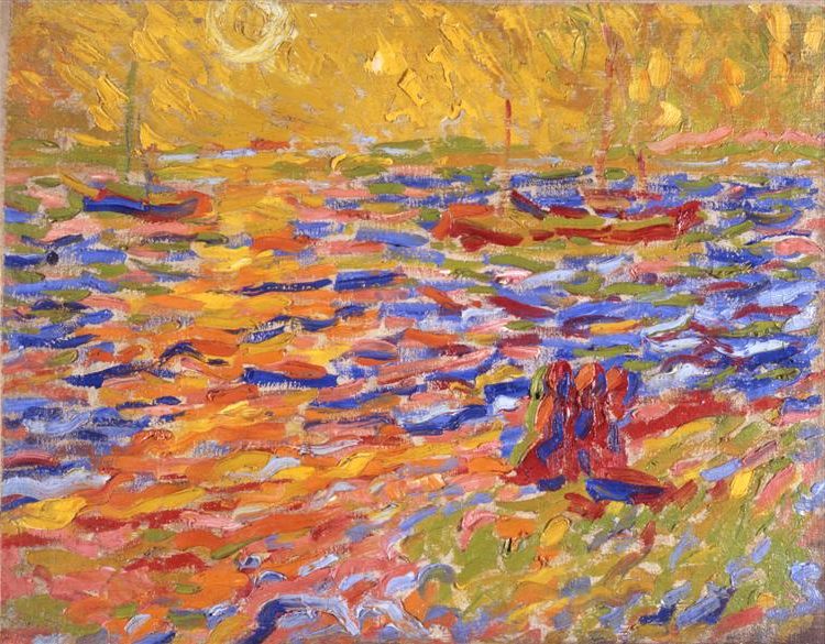 Flusslandschaft (River Landscape), 1907 reflects Pechstein’s signature bold colors, expressive brushstrokes, and simplified forms