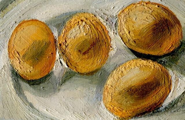 Four Eggs on a Plate (2002) reflects his continued fascination with still life as a study of form, texture, and quiet contemplation.