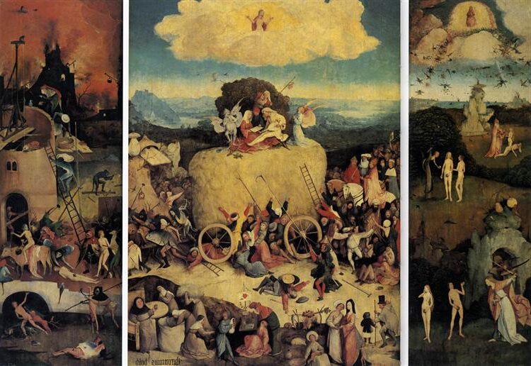 Haywain (c. 1500) by Hieronymus Bosch  reflects themes of greed, materialism, and the fleeting nature of earthly possessions.