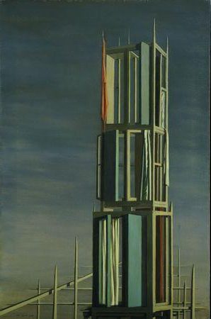 Kay Sage's Hyphen (1954) reflects her late surrealist vision, characterized by enigmatic structures, desolate landscapes, and a sense of quiet detachment.