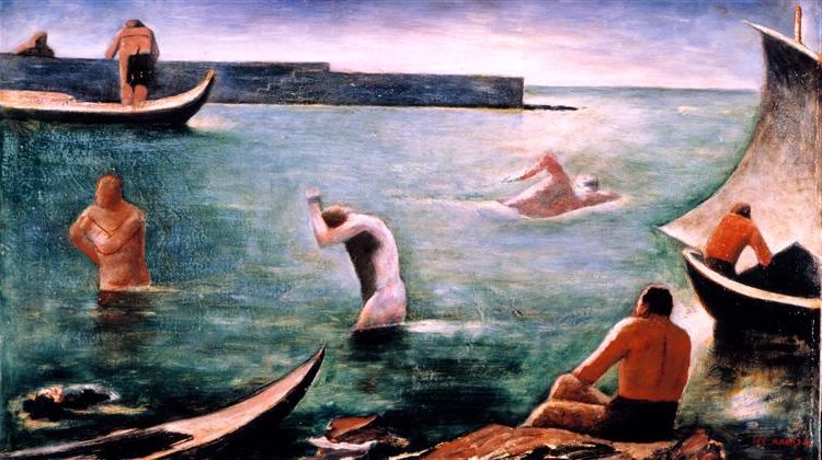 I nuotatori (1930–1932) by Carlo Carra reflects the artist’s transition from Futurism to a more classical and metaphysical style.