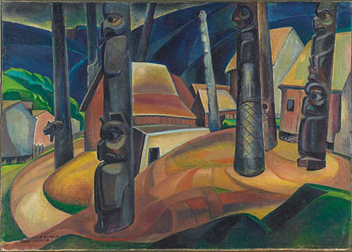 Kispiax Village (1929) by Emily Carr, a powerful depiction of an Indigenous settlement in Canada.