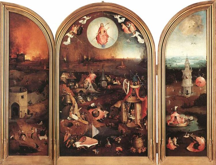 Last Judgment (1486) by Hieronymus Bosch reflects themes of divine justice, sin, and the fate of humanity in the afterlife. 