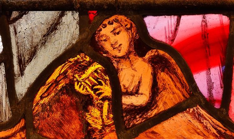 Loughrea St. Brendan's Cathedral. An Angel Playing the Harp as Figurehead of St. Brendan's Boat by Sarah Purser in c.1908