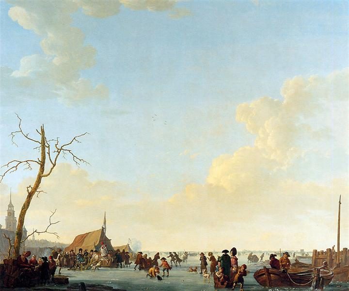 Merriment on Frozen River captures a charming winter scene featuring people engaging in leisure activities on a frozen Dutch waterway.