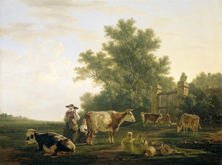 Milking Time (c. 1810) reflects the Dutch artistic tradition of depicting rural life with warmth and realism.