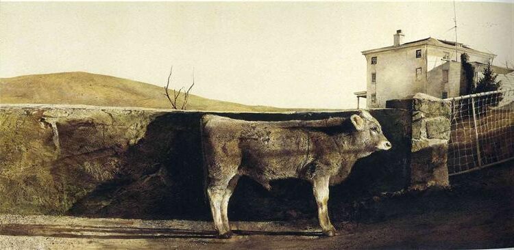 Young Bull (1960) by Andrew Wyeth reflects themes of strength, solitude, and the ruggedness of nature.