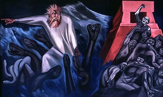 The Departure of Quetzalcoatl (1932–1934) by José Clemente Orozco illustrating the fall of the ancient deity in Mesoamerican mythology.