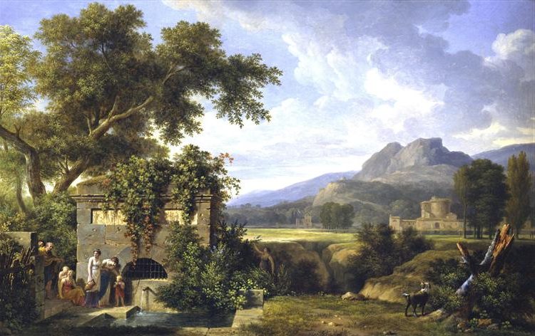 Classical Landscape with Figures Drinking by a Fountain, 1806 emphasizes harmony between nature, architecture, and human activity.