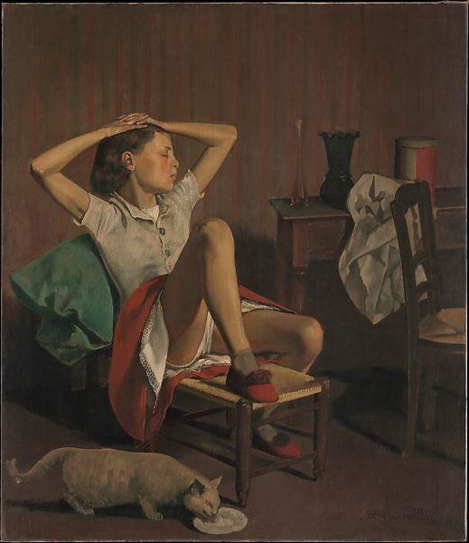 Thérèse Rêvant (1938) by Balthus reflects themes of adolescence, introspection, and quiet mystery.