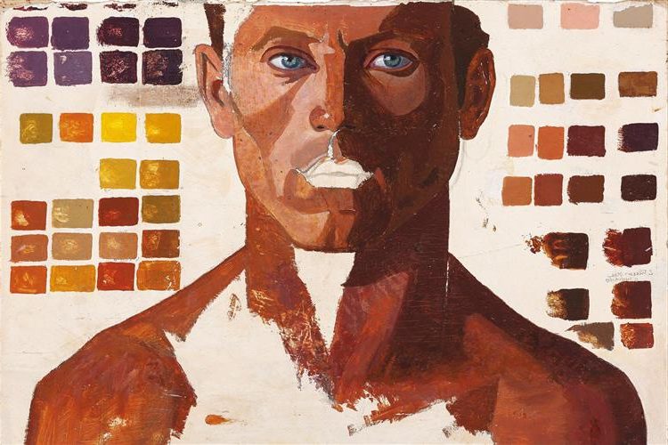 Retrato de Hombre con Escala de Colores reflects her surrealist approach, integrating bold colors and geometric structures to symbolize artistic perception.