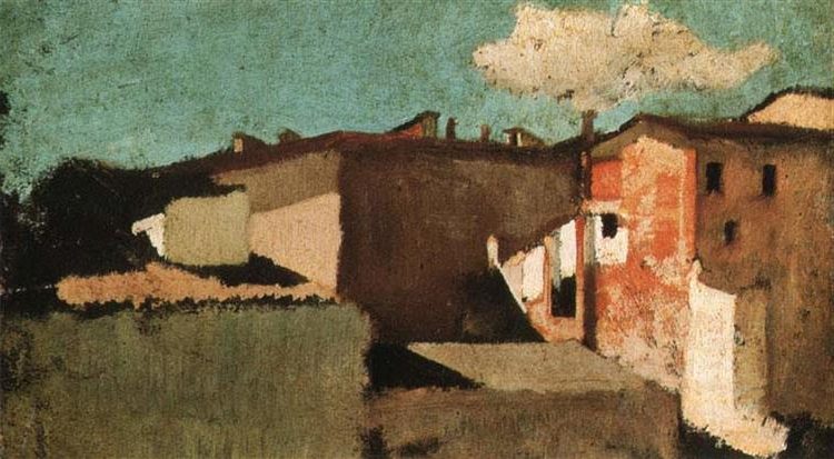 Roofs by Giuseppe Abbati reflects the artist’s characteristic approach to depicting the urban landscape of Naples. 