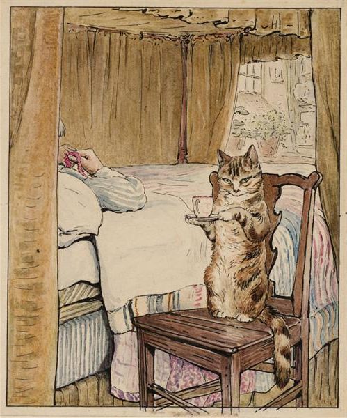 Simpkin at the Tailor’s Bedside (1902) showcases her delicate watercolor technique and keen storytelling ability.