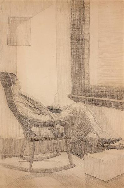 Sketch of a Woman Sitting by a Window (1927) is a delicate, introspective piece that captures a quiet, intimate moment.