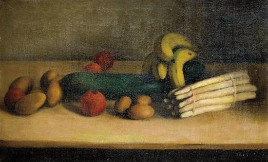 Still Life with Cucumber reflects his later artistic style, characterized by structured composition, bold color contrasts, and geometric abstraction.