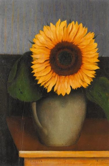 Still Life with Sunflower (1931) exemplifies his mature style, where he blends structured composition, vibrant color contrasts, and geometric abstraction.
