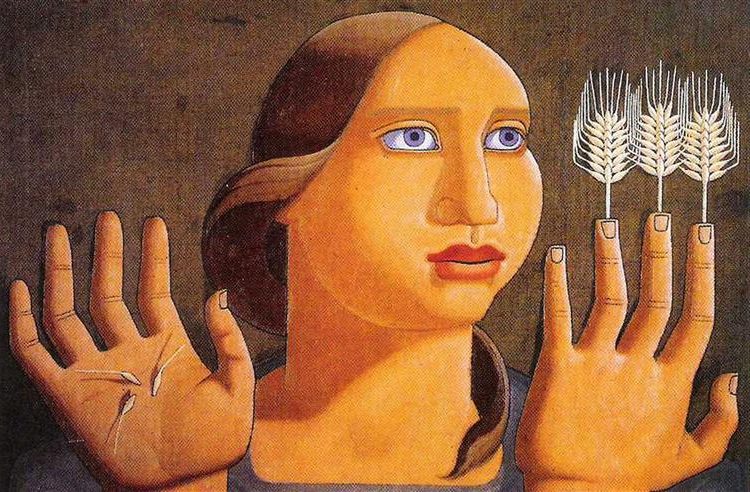 Surprise of the Wheat, 1936 reflects her fascination with nature’s vitality, using surrealist forms and vibrant colors to depict an ethereal harvest scene.