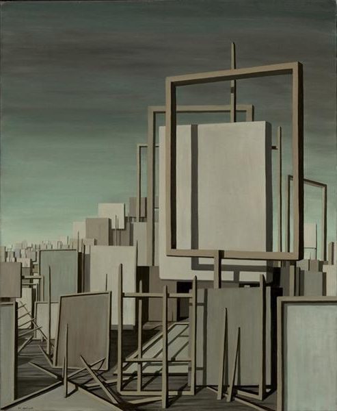 The Answer is No (1958) reflects her signature surrealist style, often portraying desolate landscapes, draped forms, and architectural structures.