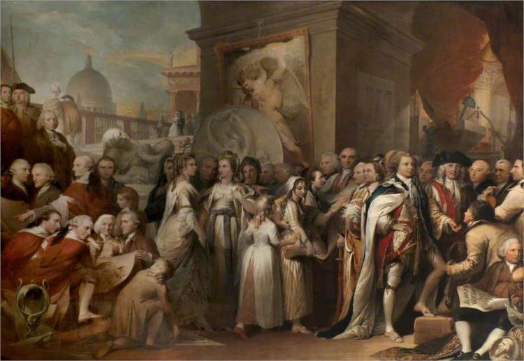 The Distribution of Premiums in the Society of Arts (1801) reflects his deep engagement with neoclassical ideals and moral allegory.