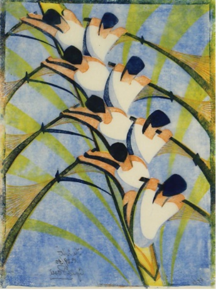 The Eight (1930) by Cyril Power reflects the synchronized power and rhythm of a competitive rowing team.