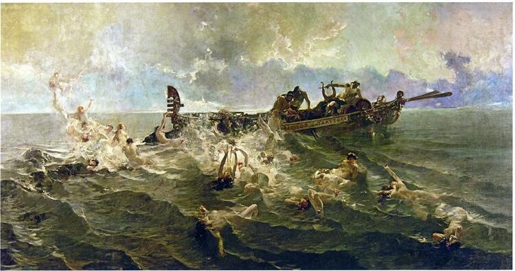 The Nereids (1886) by Joaquín Sorolla reflects themes of mythology, movement, and the fluid beauty of the sea.