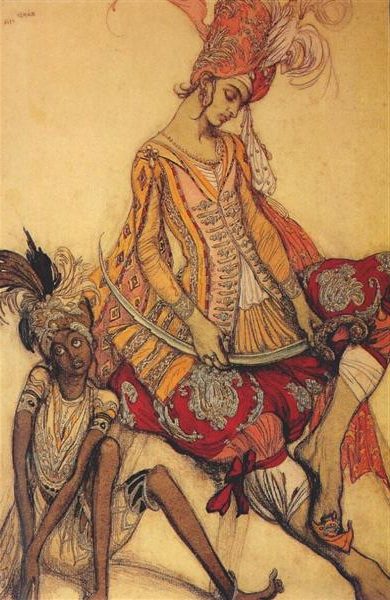 The Sleeping Beauty: Eastern Prince and His Page (1916) reflects his signature opulent style and deep understanding of theatrical aesthetics.