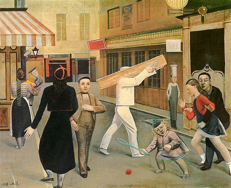 The Street (1933) by Balthus reflects themes of tension, ambiguity, and the uncanny within everyday life.