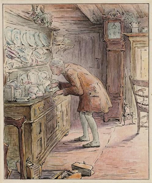 Beatrix Potter’s The Tailor Hears Noises (1902) captures a moment of mystery and anticipation. 