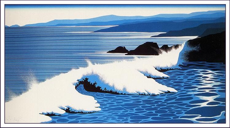 The Wave (1990) by Eyvind Earle captures the ocean’s rhythmic motion with his signature stylized approach.