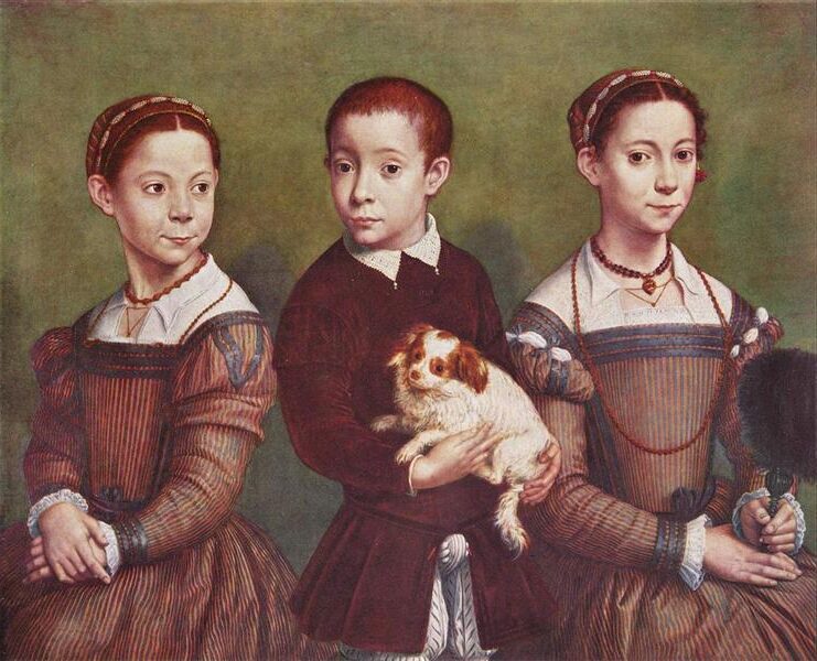 Three Children with Dog (1590) reflects the artist’s skill in capturing intimacy, innocence, and aristocratic identity. 