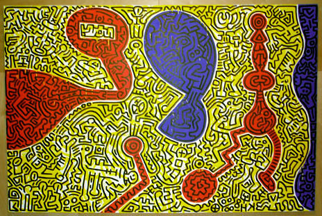 Toledo (1988) by Keith Haring reflects themes of urban energy, movement, and vibrant expression through his signature bold lines and dynamic figures.