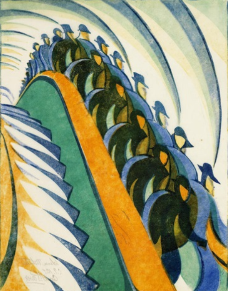 Whence & Whither? (c. 1930) reflects the rapid pace and transient nature of modern urban life.