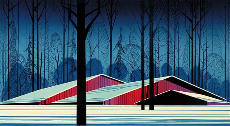 Winter Barns (1982) by Eyvind Earle reflects the peaceful solitude and geometric harmony of rural winter landscapes.