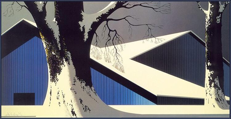 Winter Quiet (1980) by Eyvind Earle  reflects a serene, almost mystical interpretation of winter's stillness and beauty.