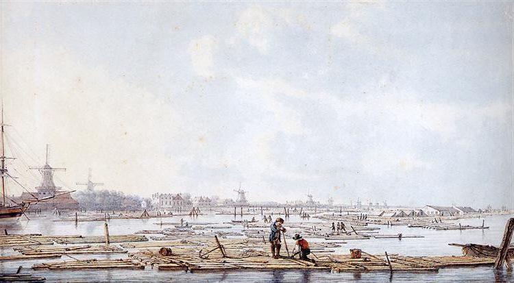Wooden rafts pm the Biesbosch by Abraham van Strij