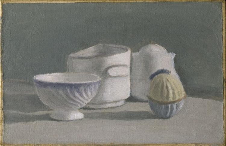 Still Life (1943) reflects a carefully arranged group of bottles, jugs, and containers, depicted in muted, earthy colors.
