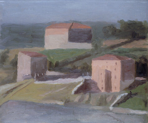 On the Outskirts of a Town (1941) reflects a quiet, desolate urban landscape with simplified architectural forms.
