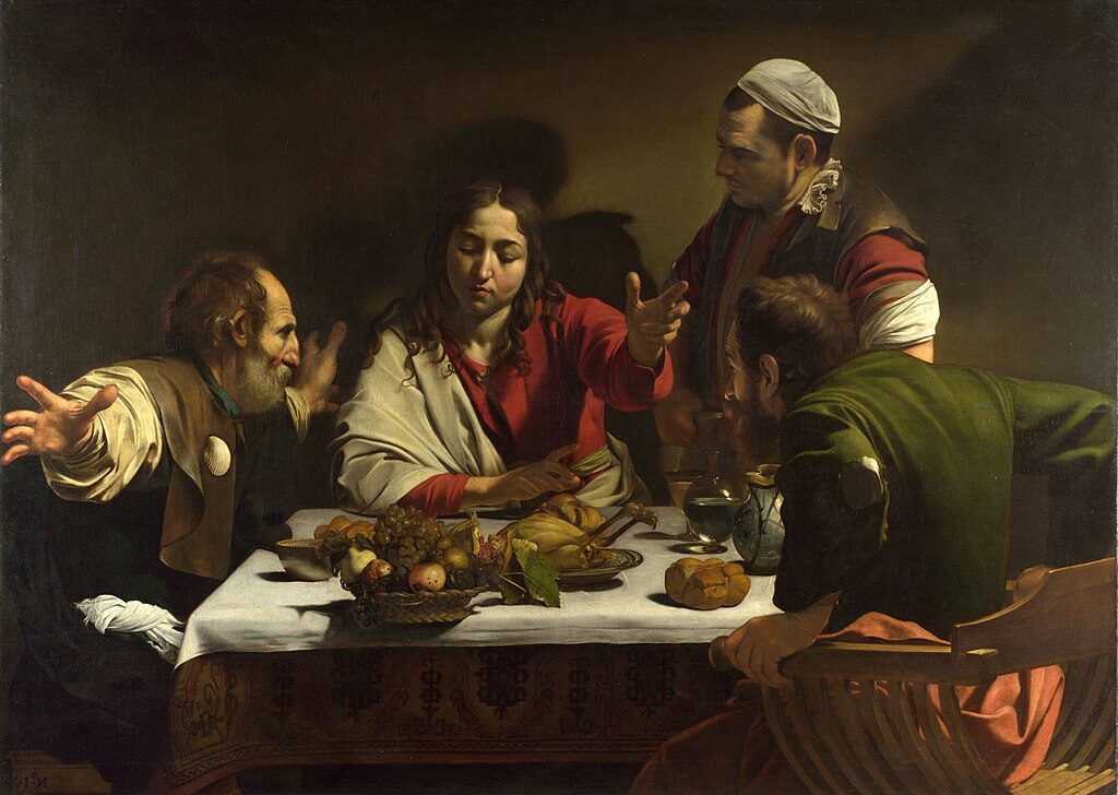 Supper at Emmaus (1601) reflects the moment when Jesus reveals his identity to two of his disciples during a meal