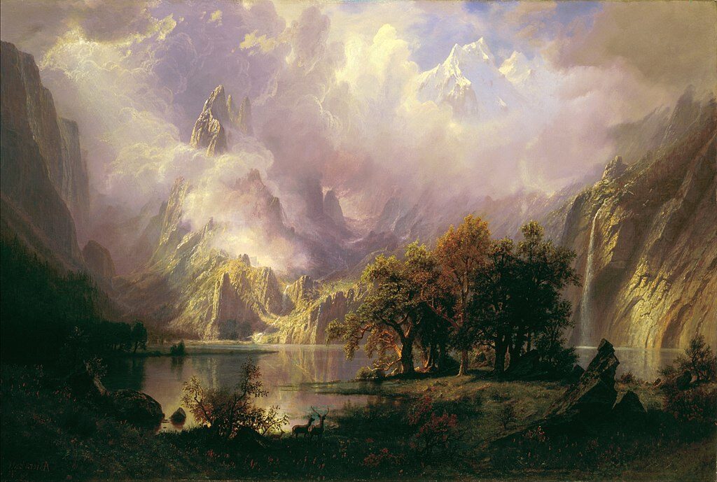 Rocky Mountain Landscape, 1870, by Albert Bierstadt reflects the grandeur and untouched beauty of the American wilderness.