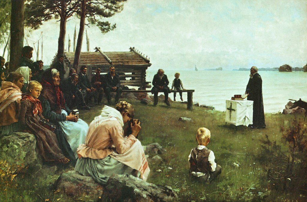 Church Service by the Sea in the Uusimaa Archipelago (1881) reflects a tranquil scene of spirituality in the natural world.
