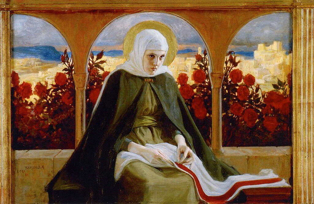 Virgin Mary in the Rose Garden (1898) by Albert Edelfelt reflects a serene and spiritual vision of the Virgin Mary, surrounded by blooming roses.