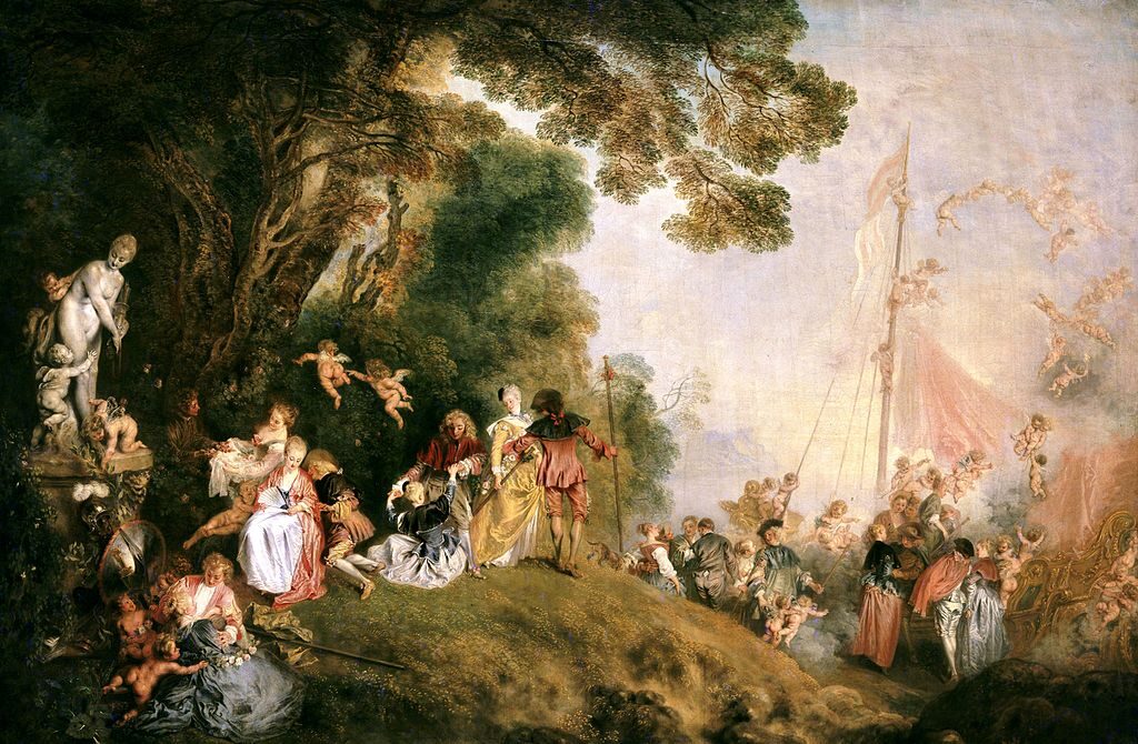 Pilgrimage to Cythera (c. 1718–1719) reflects themes of love, romance, and the fleeting nature of pleasure.
