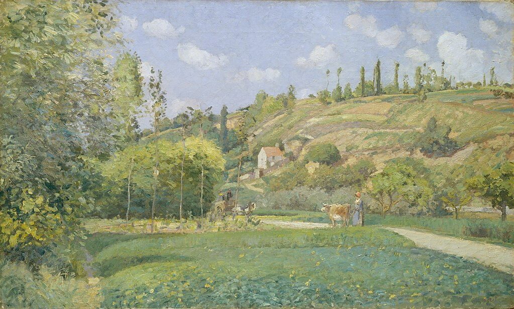 A Cowherd at Valhermeil, Auvers-sur-Oise (1874) portrays a harmonious relationship between humans and nature.