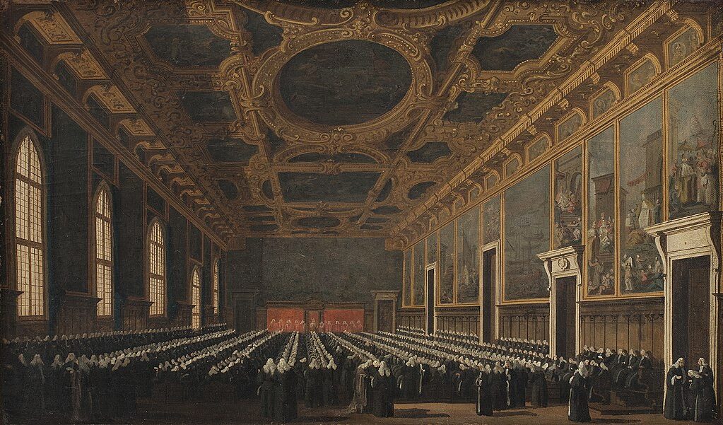 The Doge and Grand Council in Sala del Maggior Consiglio, 1763 reflects the opulence and authority of the Venetian Republic during the 18th century.