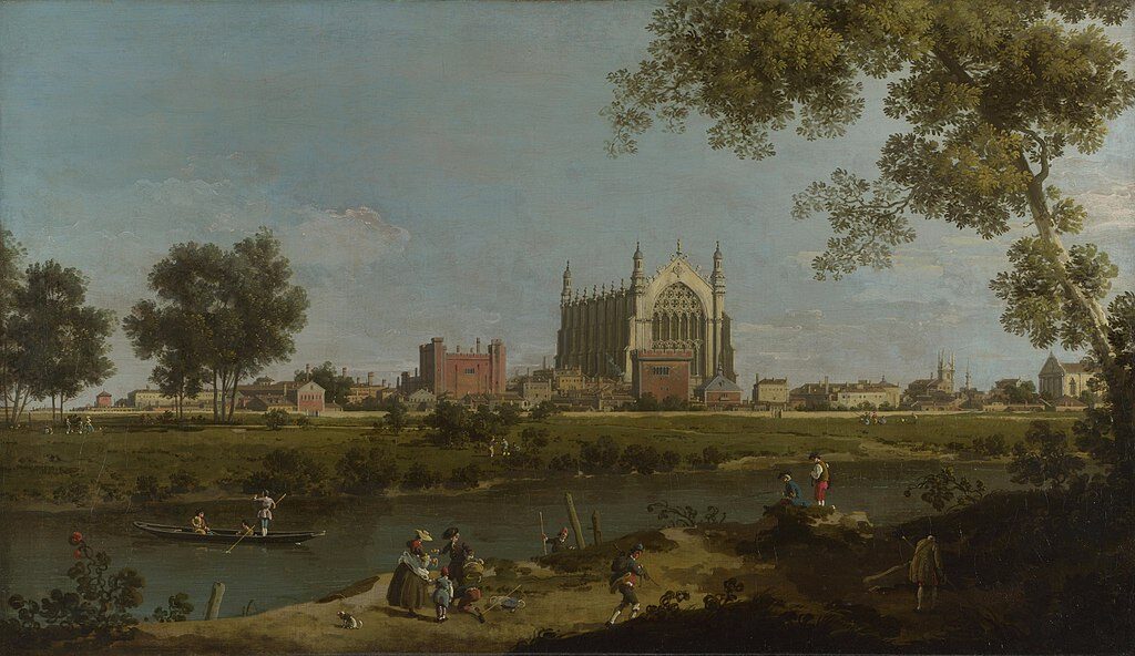 Eton College (1754) by Canaletto reflects themes of architectural grandeur and academic prestige.