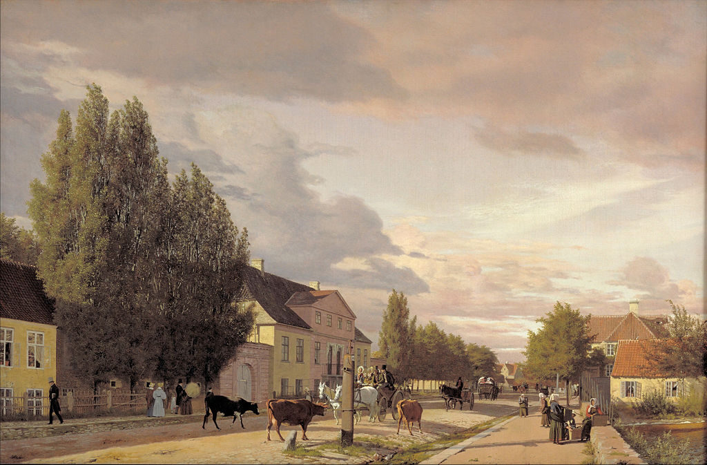 View of a Street in Østerbro outside Copenhagen. Morning Light, 1836 reflects the quiet harmony of urban life at dawn.