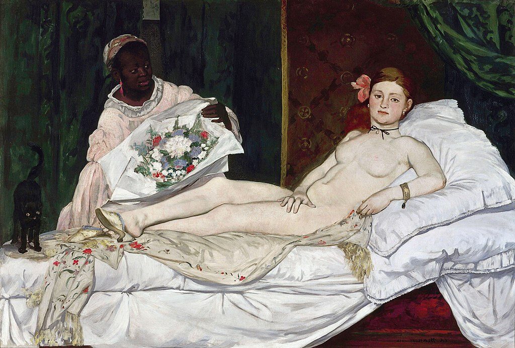 Olympia (1863–1865) by Edouard Manet reflects a bold challenge to traditional representations of the nude in art.