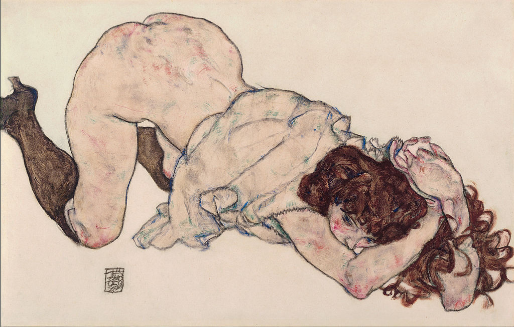 Kneeling Girl, Resting on Both Elbows (1917) reflects Schiele’s exploration of human vulnerability and raw emotion
