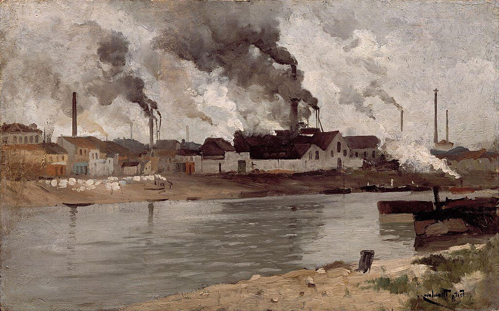 Factories in Ivry, 1883 by Frits Thaulow reflects the industrial transformation of the late 19th century.